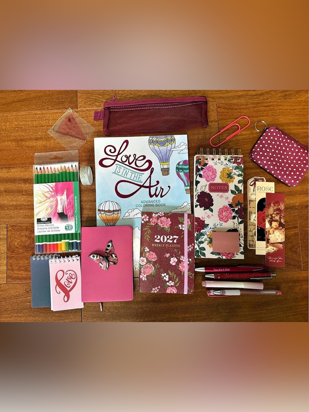 Beautiful Red and Pink Stationery Bundle with Coloring Book and 2027 Planner